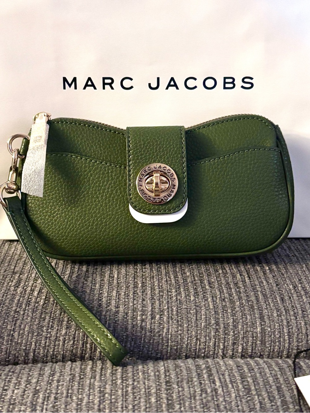 Marc Jacobs Green Pebbled Leather Wristlet with Gold-Tone Turn Lock